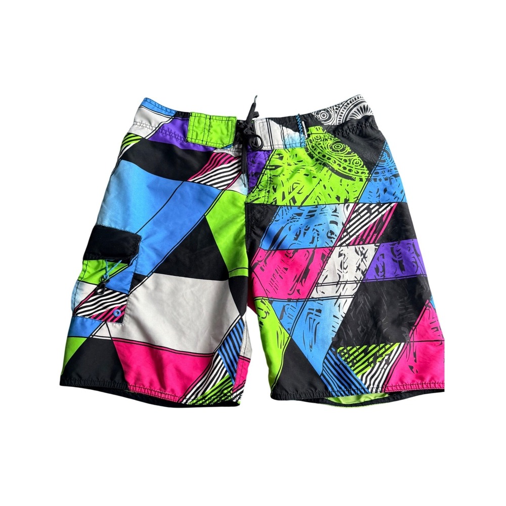 Vintage Y2K Body Glove Board Shorts Size 34 Neon Geometric Pattern Dopamine Surf